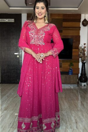 Buy Pure Georgette Embroidered Gown with Bottom and Dupatta Set