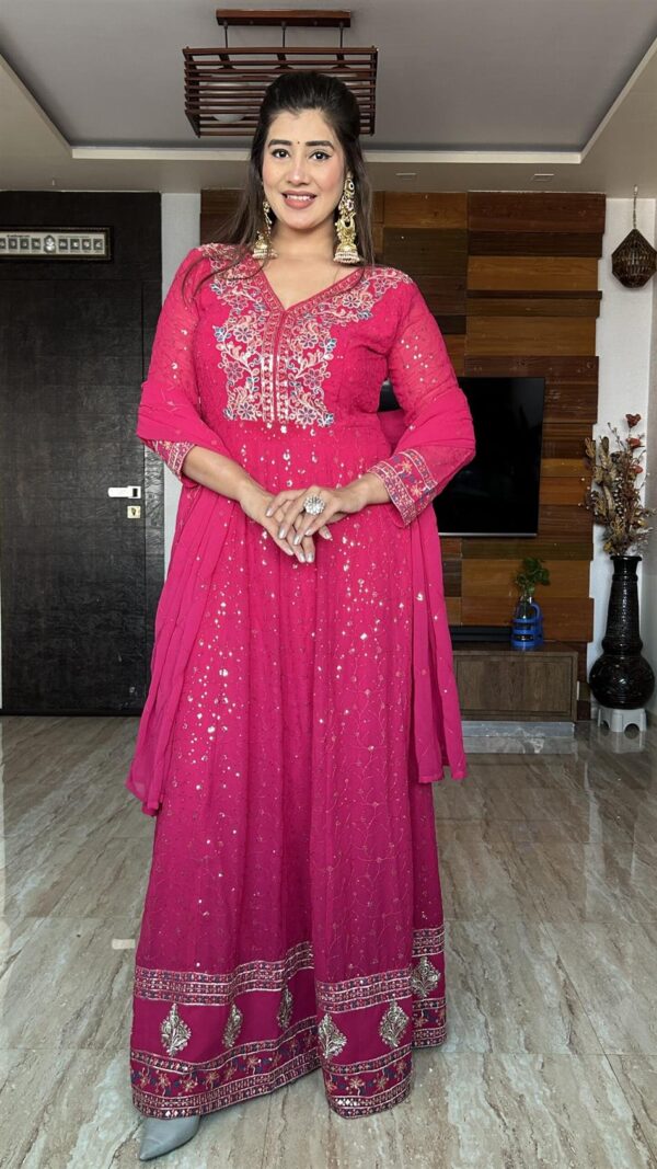 Buy Pure Georgette Embroidered Gown with Bottom and Dupatta Set