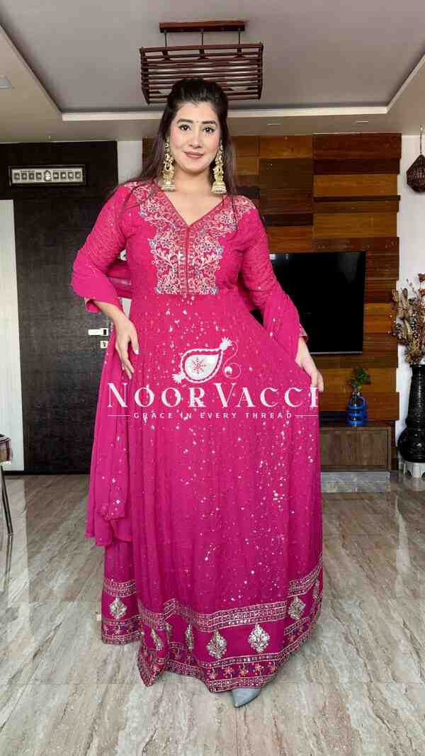 Pure Georgette Embroidered Gown with Bottom and Dupatta Set - Image 5