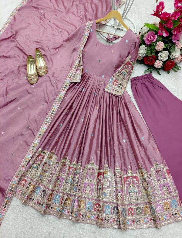 Pure Chinon Silk Embroidered Gown with Bottom and Dupatta Set - Image 4