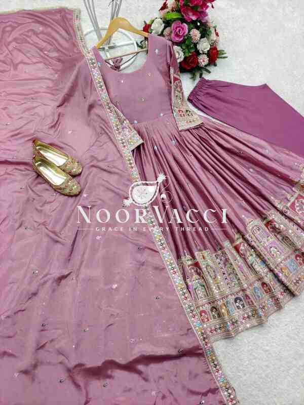 Pure Chinon Silk Embroidered Gown with Bottom and Dupatta Set - Image 7