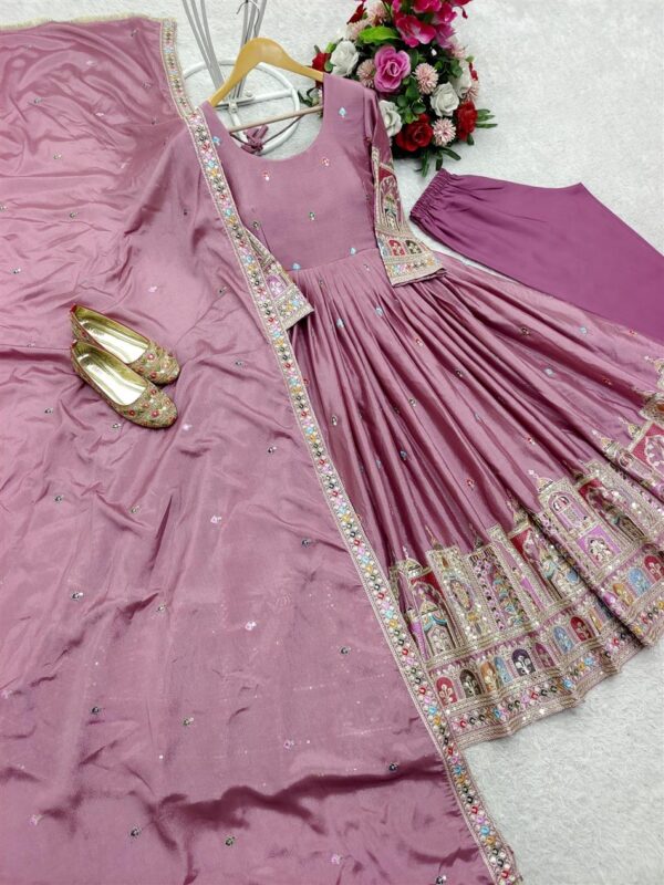 Buy Pure Chinon Silk Embroidered Gown with Bottom and Dupatta Set - Image 7