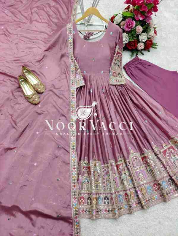 Pure Chinon Silk Embroidered Gown with Bottom and Dupatta Set - Image 6