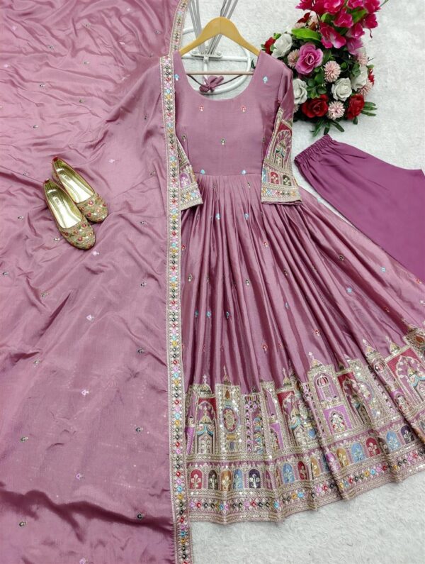 Buy Pure Chinon Silk Embroidered Gown with Bottom and Dupatta Set - Image 6