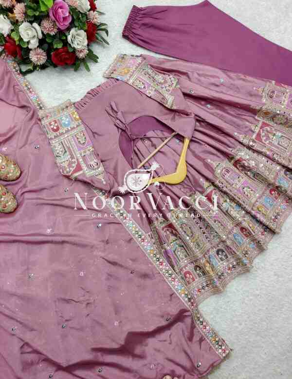 Pure Chinon Silk Embroidered Gown with Bottom and Dupatta Set - Image 5