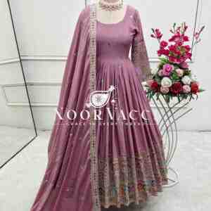 Pure Chinon Silk Embroidered Gown with Bottom and Dupatta Set