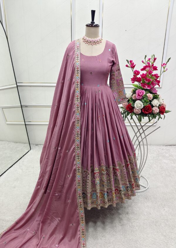Pure Chinon Silk Embroidered Gown with Bottom and Dupatta Set
