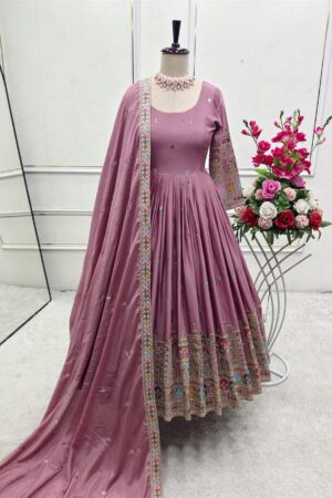 Buy Pure Chinon Silk Embroidered Gown with Bottom and Dupatta Set