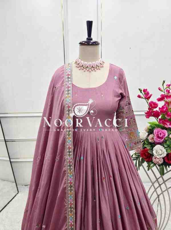 Pure Chinon Silk Embroidered Gown with Bottom and Dupatta Set - Image 3