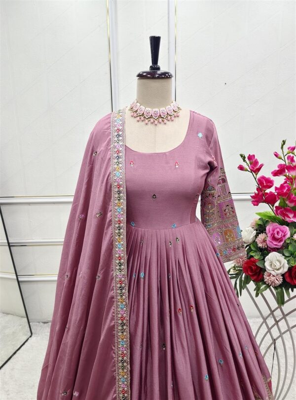 Buy Pure Chinon Silk Embroidered Gown with Bottom and Dupatta Set - Image 3