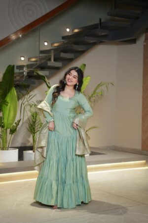 Buy Romansilk Chanderi Anarkali Set with Banarasi Dupatta