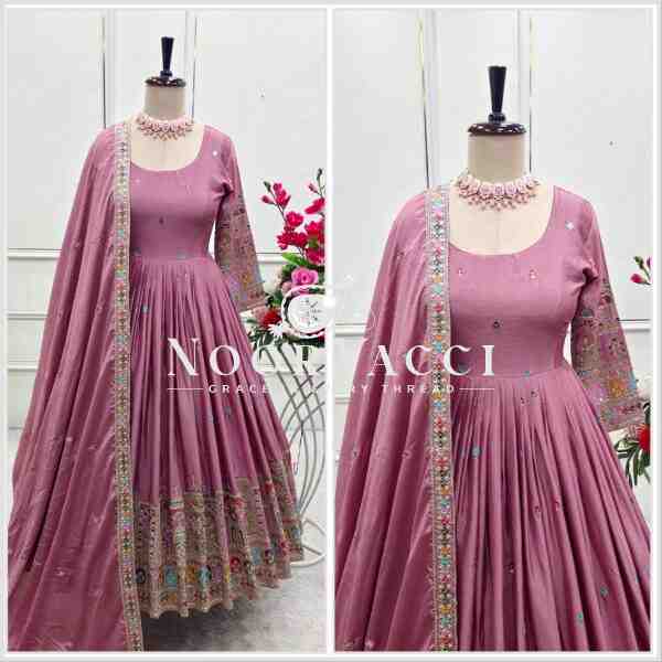 Pure Chinon Silk Embroidered Gown with Bottom and Dupatta Set - Image 2
