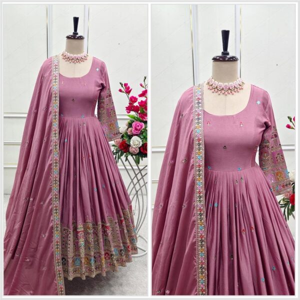 Buy Pure Chinon Silk Embroidered Gown with Bottom and Dupatta Set - Image 2