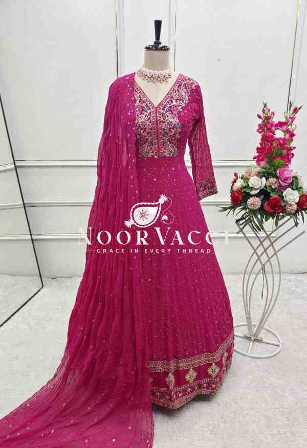 Pure Georgette Embroidered Gown with Bottom and Dupatta Set - Image 7