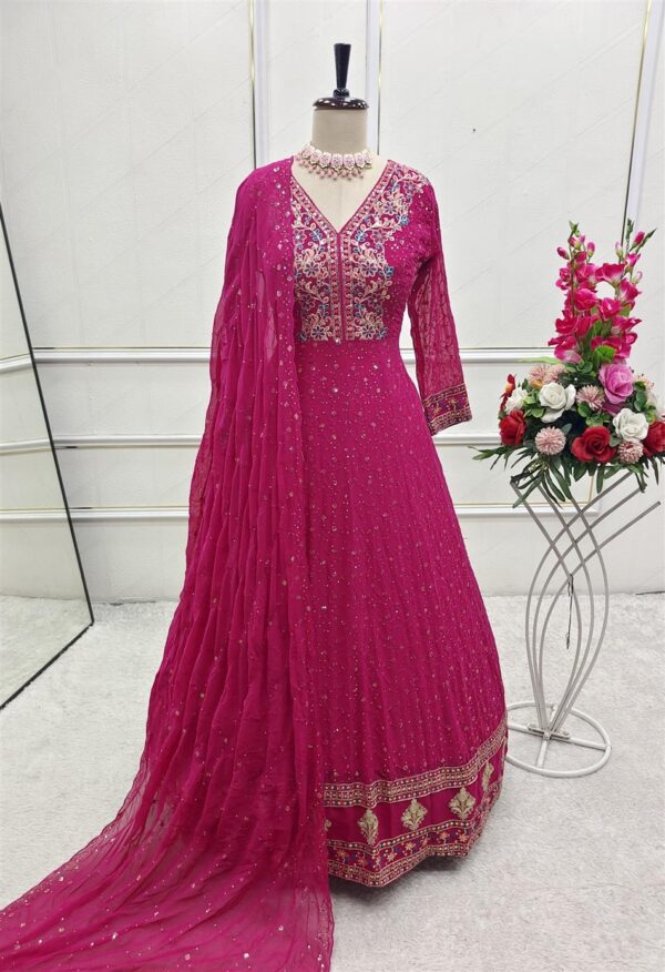 Buy Pure Georgette Embroidered Gown with Bottom and Dupatta Set - Image 7