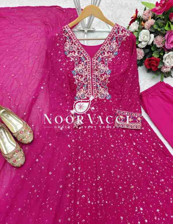 Pure Georgette Embroidered Gown with Bottom and Dupatta Set - Image 9
