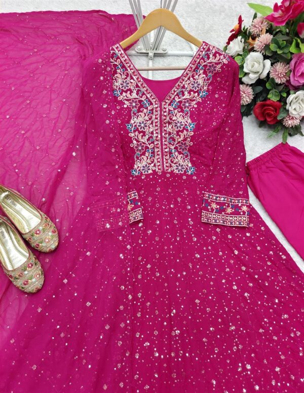 Buy Pure Georgette Embroidered Gown with Bottom and Dupatta Set - Image 9