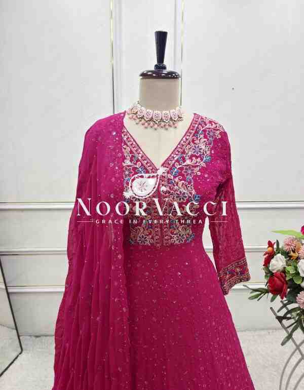 Pure Georgette Embroidered Gown with Bottom and Dupatta Set - Image 8