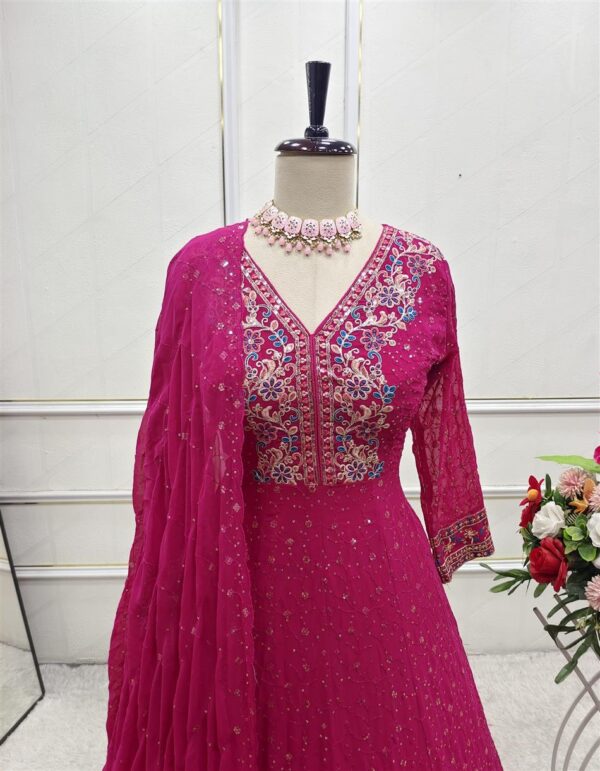 Buy Pure Georgette Embroidered Gown with Bottom and Dupatta Set - Image 8
