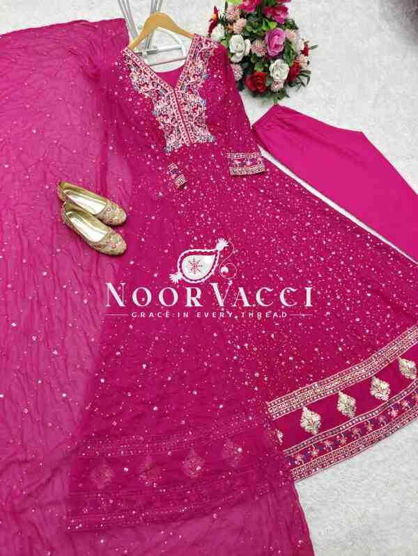 Pure Georgette Embroidered Gown with Bottom and Dupatta Set - Image 10