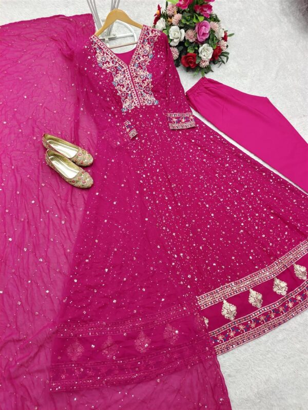 Buy Pure Georgette Embroidered Gown with Bottom and Dupatta Set - Image 10