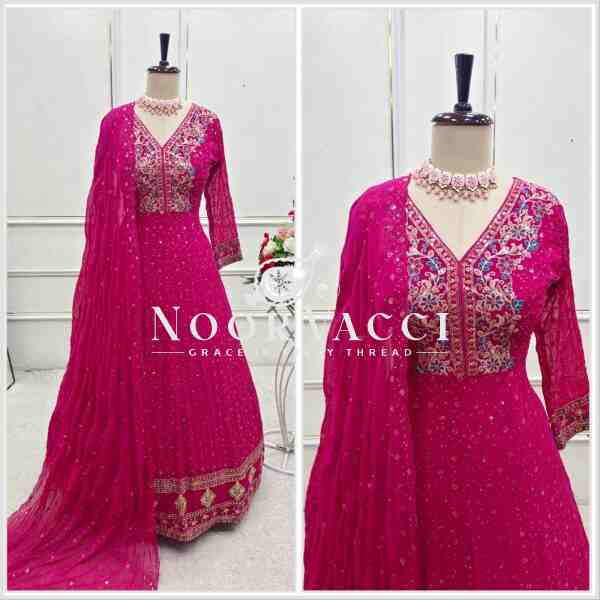 Pure Georgette Embroidered Gown with Bottom and Dupatta Set - Image 6