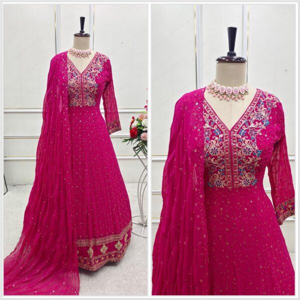 Buy Pure Georgette Embroidered Gown with Bottom and Dupatta Set - Image 6