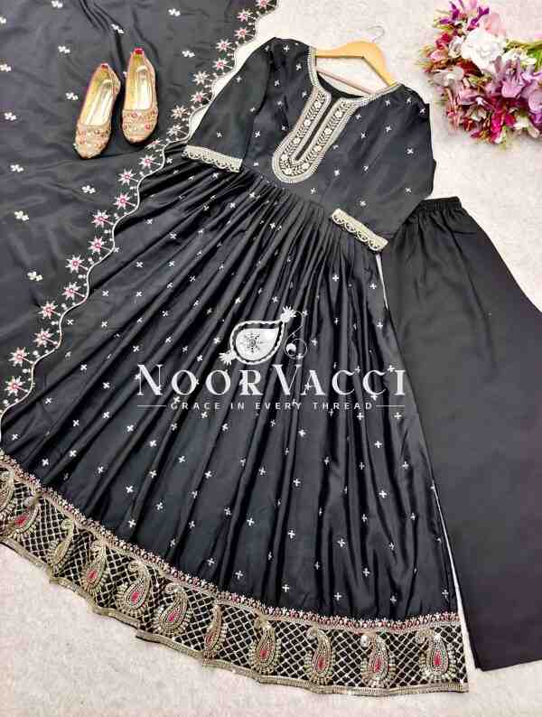 Natural Crepe Embroidered Gown with Bottom and Dupatta Set - Image 2