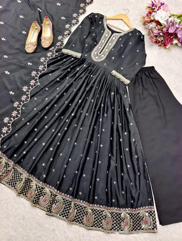 Buy Natural Crepe Embroidered Gown with Bottom and Dupatta Set - Image 2