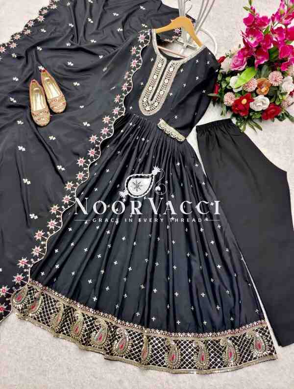 Natural Crepe Embroidered Gown with Bottom and Dupatta Set - Image 3