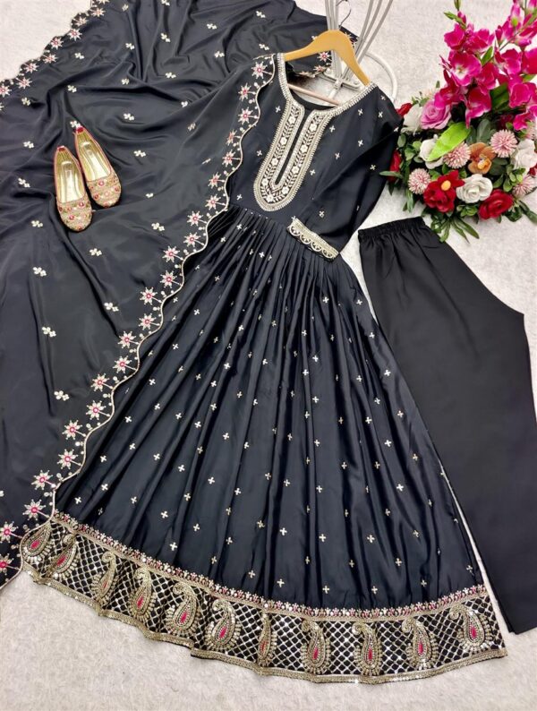 Buy Natural Crepe Embroidered Gown with Bottom and Dupatta Set - Image 3