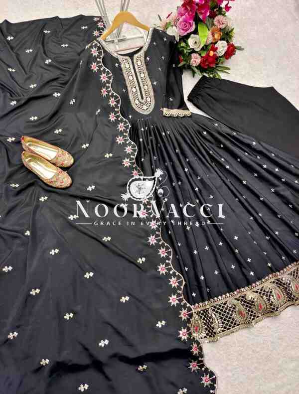 Natural Crepe Embroidered Gown with Bottom and Dupatta Set - Image 4