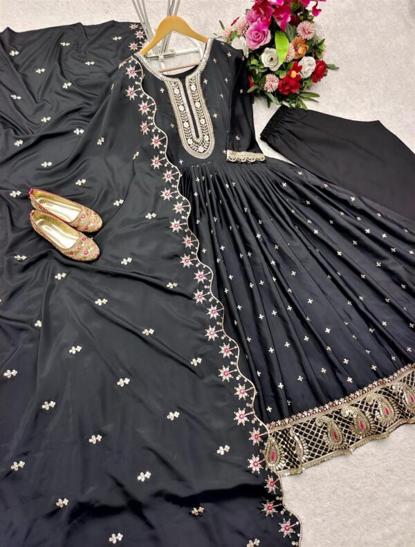 Buy Natural Crepe Embroidered Gown with Bottom and Dupatta Set - Image 4