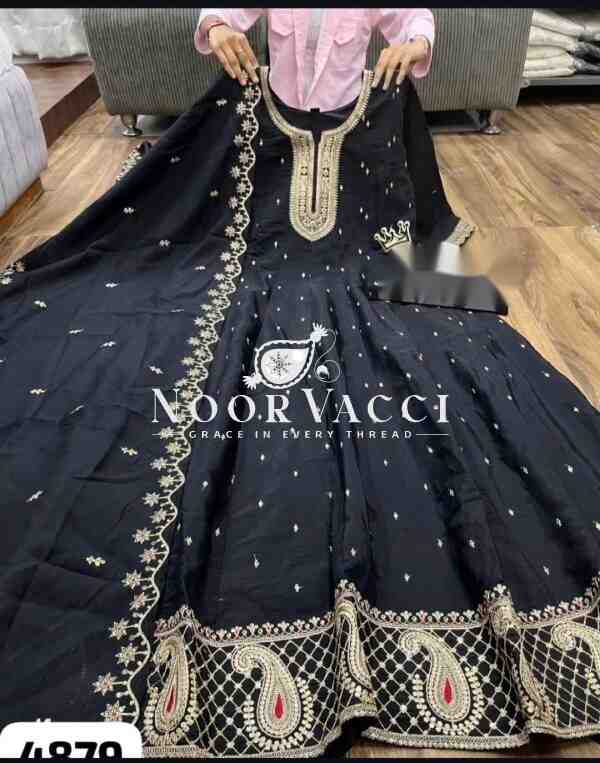 Natural Crepe Embroidered Gown with Bottom and Dupatta Set - Image 6