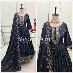 Natural Crepe Embroidered Gown with Bottom and Dupatta Set
