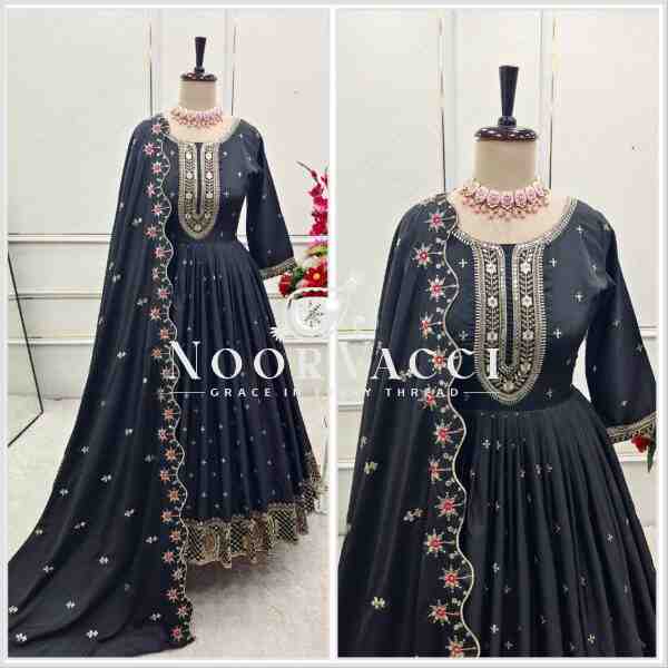 Natural Crepe Embroidered Gown with Bottom and Dupatta Set