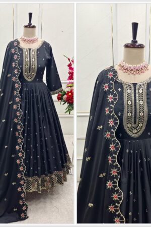 Buy Natural Crepe Embroidered Gown with Bottom and Dupatta Set