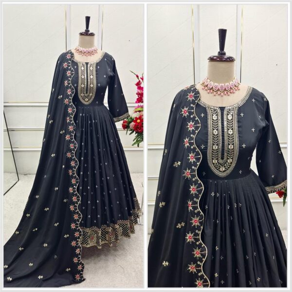 Buy Natural Crepe Embroidered Gown with Bottom and Dupatta Set