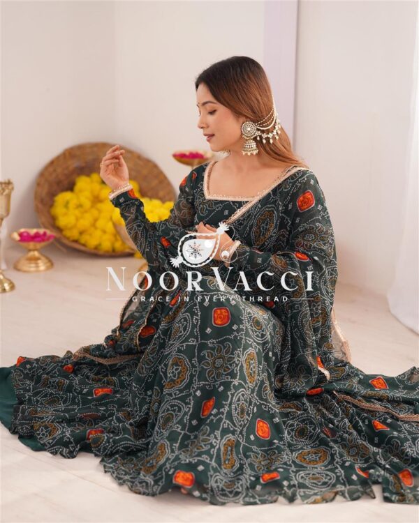 Shop Chiffon Bandhej Anarkali Gown Set with Dupatta and Pant - Image 4