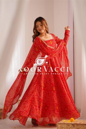 Buy Red Chiffon Bandhej Anarkali Set with Dupatta