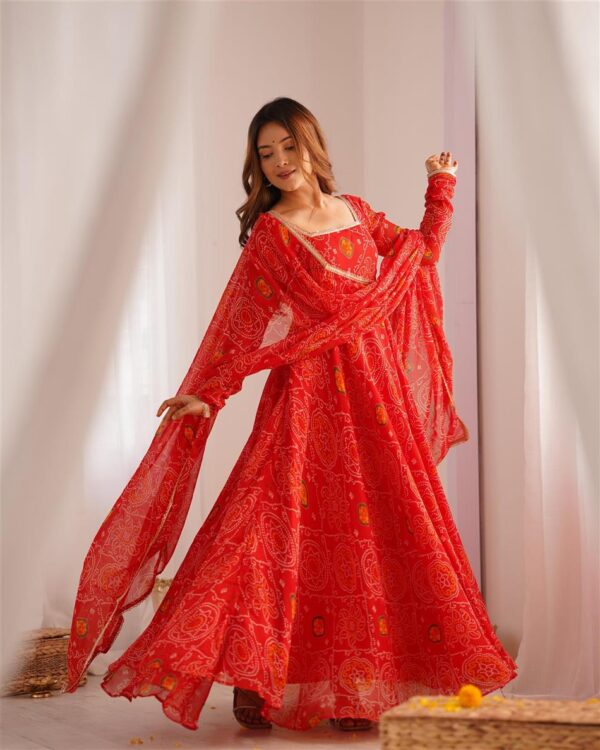 Buy Red Chiffon Bandhej Anarkali Set with Dupatta
