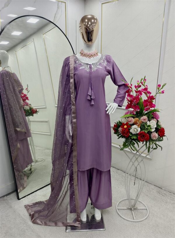 Buy Pure Natural Crepe Satin Embroidered Top-Farshi-Dupatta Set - Image 4