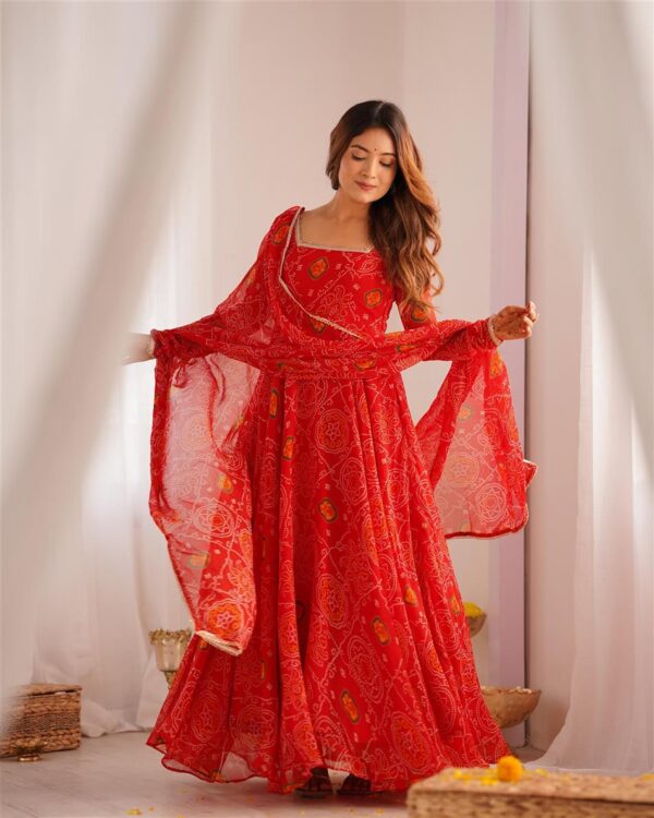 Buy Red Chiffon Bandhej Anarkali Set with Dupatta - Image 11