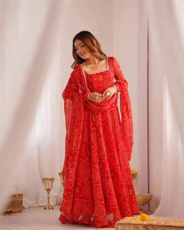 Buy Red Chiffon Bandhej Anarkali Set with Dupatta - Image 6