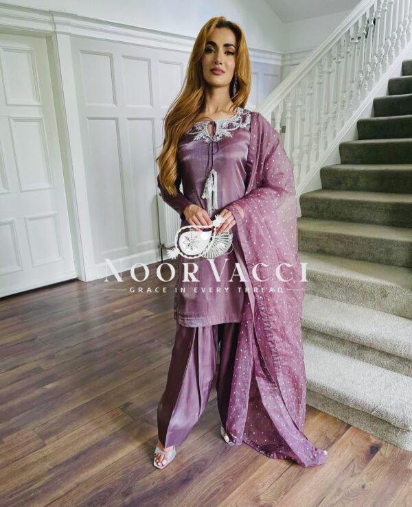 Buy Pure Natural Crepe Satin Embroidered Top-Farshi-Dupatta Set - Image 2