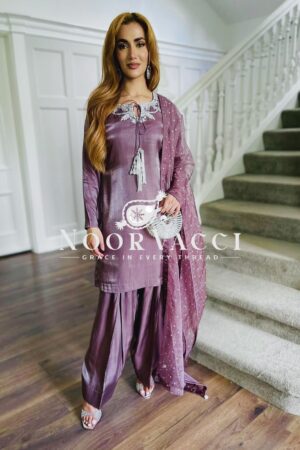 Buy Pure Natural Crepe Satin Embroidered Top-Farshi-Dupatta Set