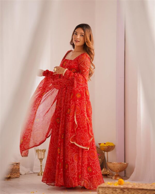Buy Red Chiffon Bandhej Anarkali Set with Dupatta - Image 8