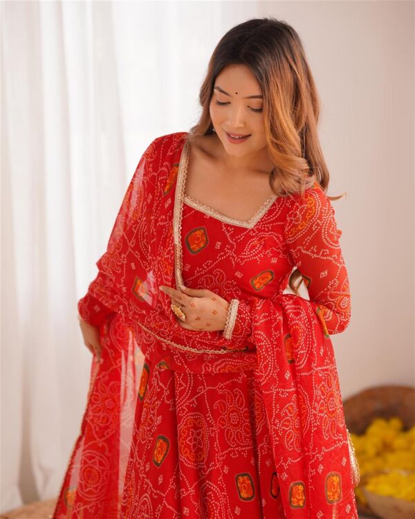 Buy Red Chiffon Bandhej Anarkali Set with Dupatta - Image 5