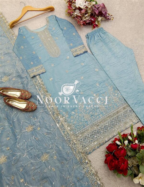 Shop Gold Crush Silk Embroidered Top-Pant-Dupatta Set - Image 6