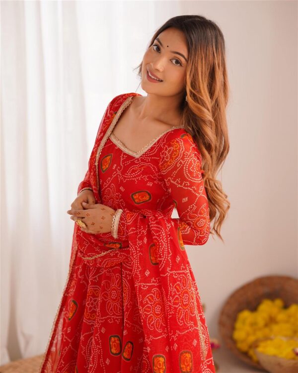 Buy Red Chiffon Bandhej Anarkali Set with Dupatta - Image 2